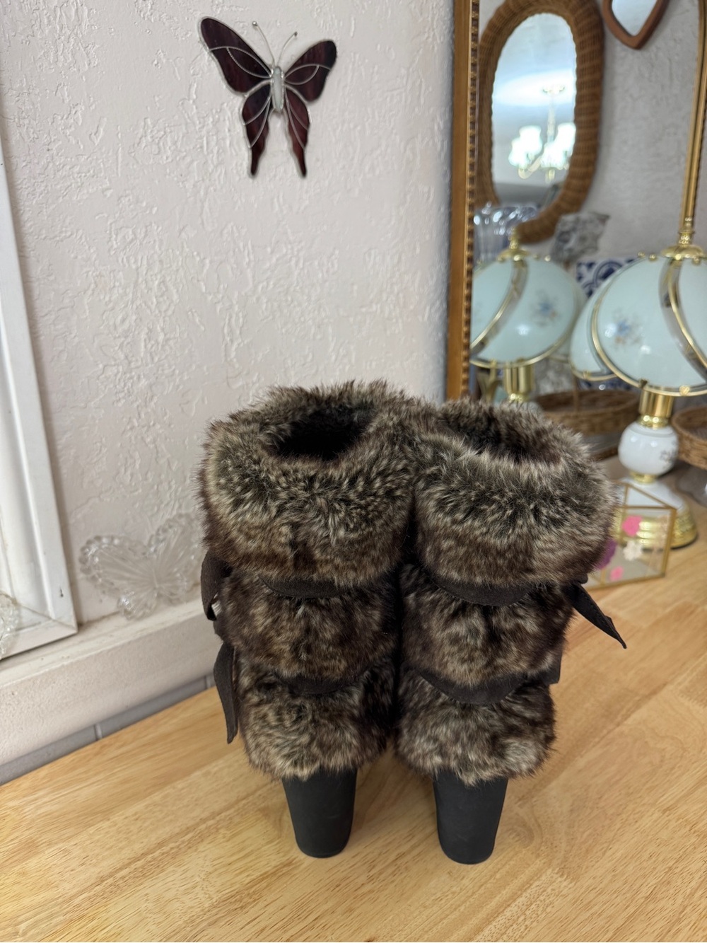 2000’s BEARPAW Brown Faux Fur Suede Chunky Heel Boots Size 5 Whimsigoth Y2K - Picture 5 of 13